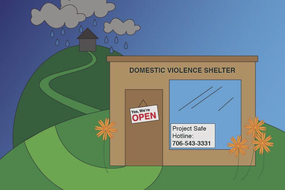Graphic showing domestic violence shelter in foreground with 'We're open' sign and a house in the background with a dark raincloud overhead