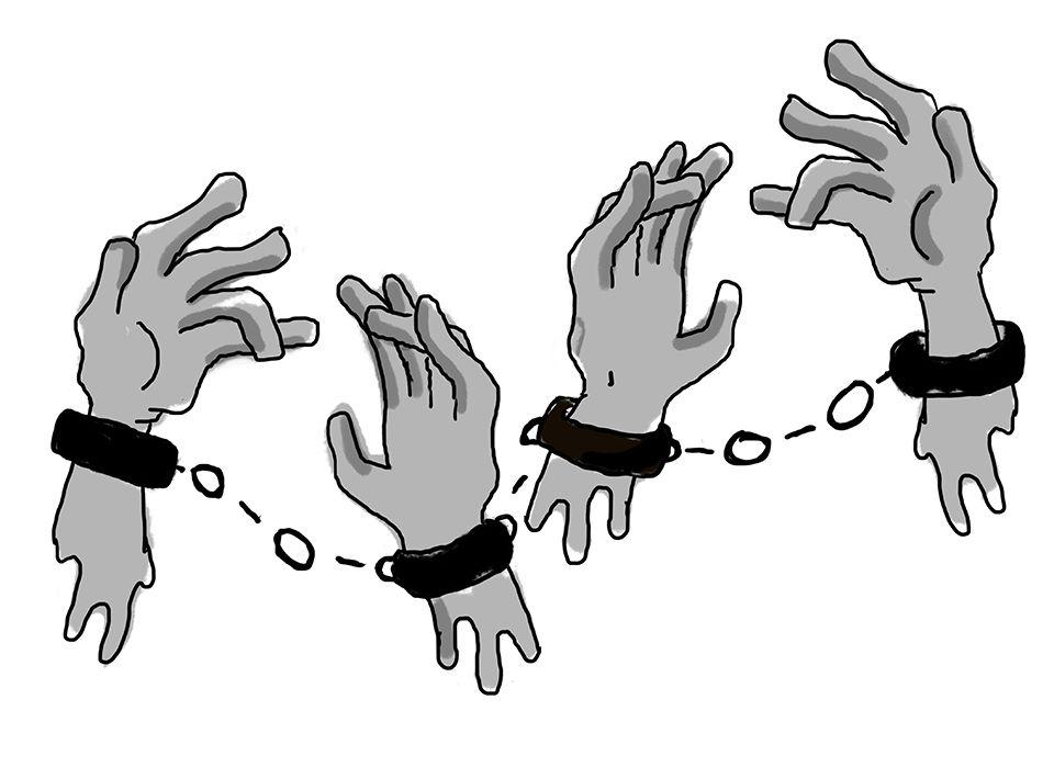 Graphic with white background and greyscale shackled hands reaching up toward sky linked together