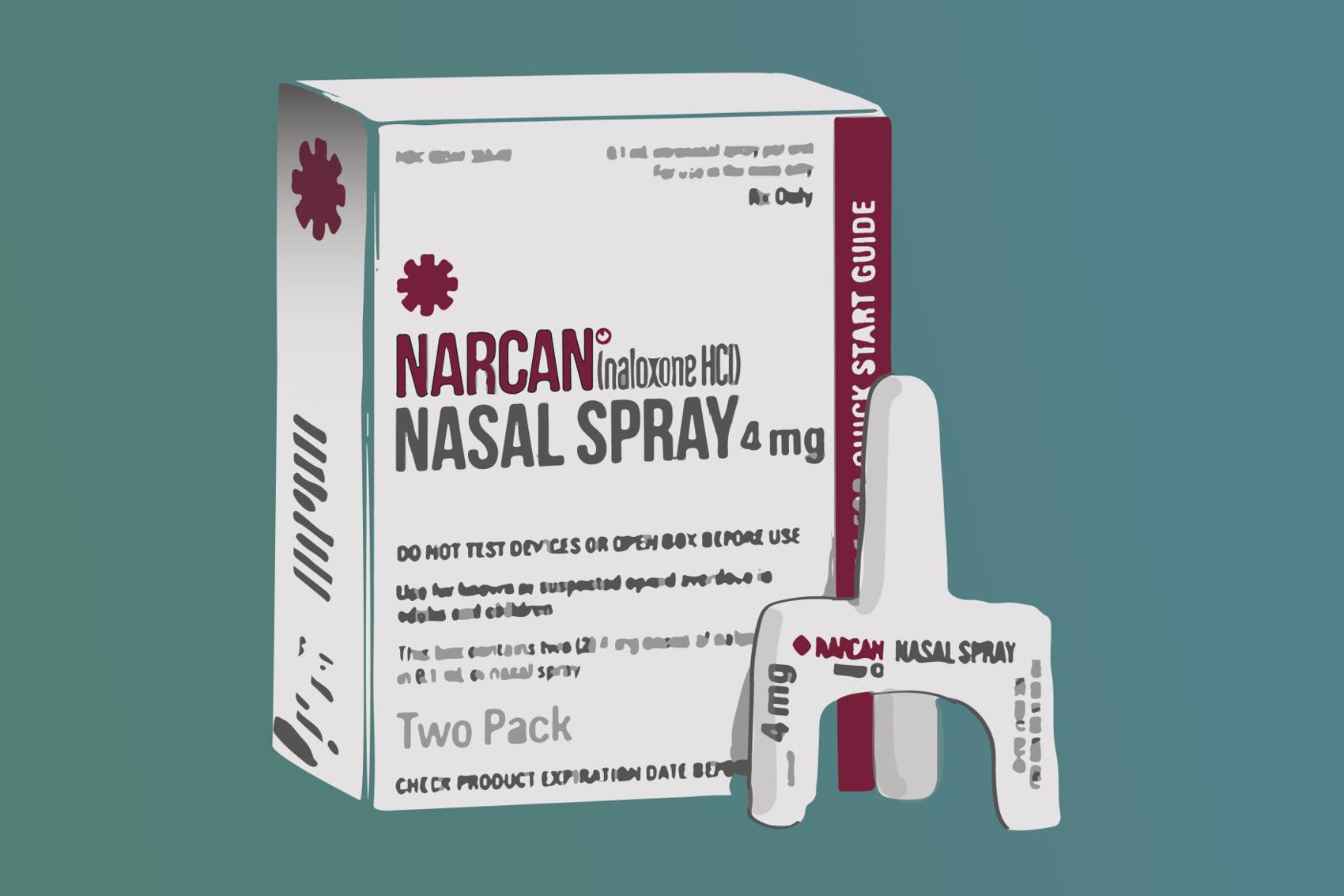 Graphic of Narcan nasal spray next to the box
