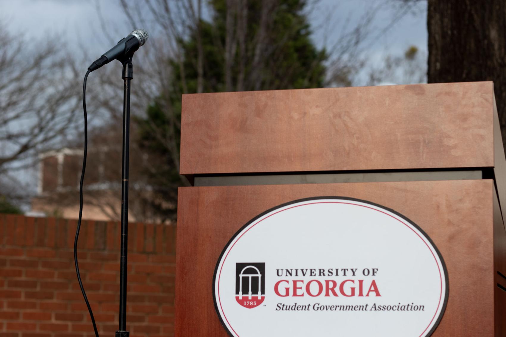 Podium with a sign that reads 'University of Georgia Student Government Association'