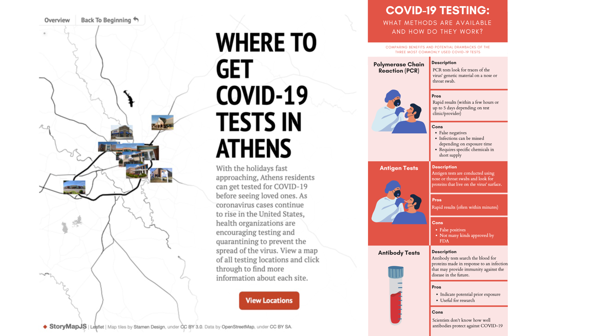 Graphic showing a map with title 'Where to Get COVID Tested in Athens'