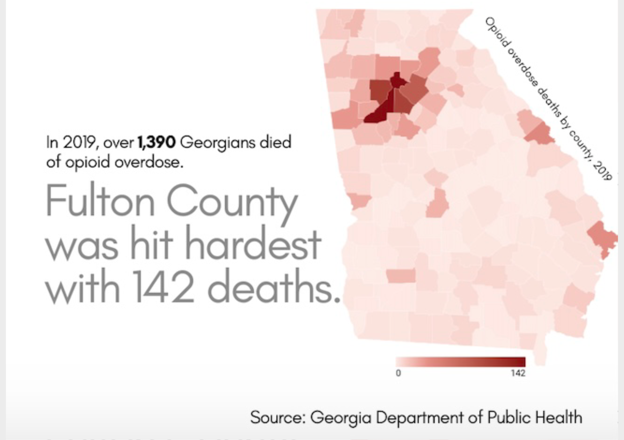 Graphic of the state of Georgia on a map with each county in a different shade of red to represent number of opioid overdoses and text that reads 'Fulton County was hit hardest'