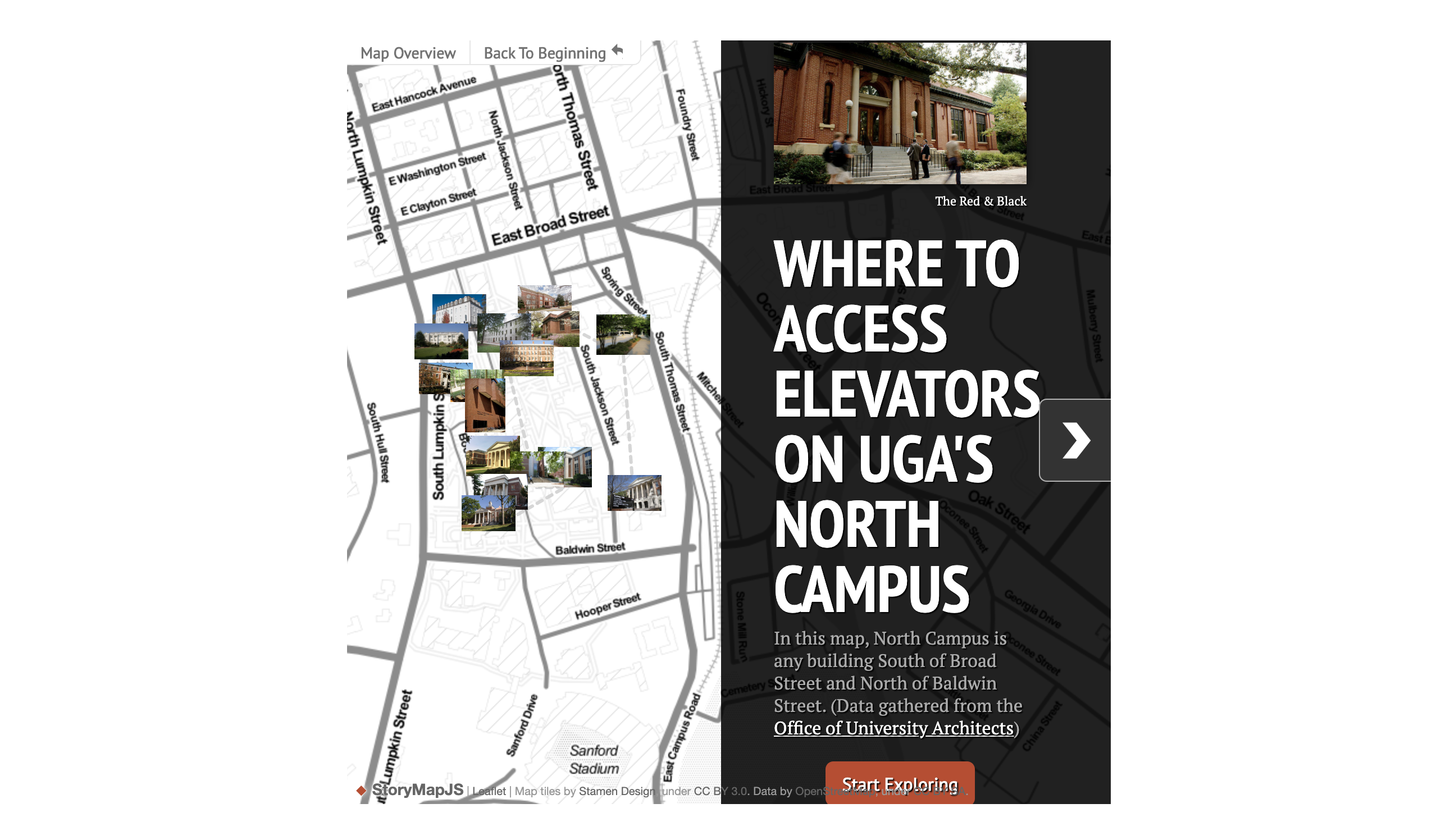 Graphic showing where to access elevators on UGA's north campus