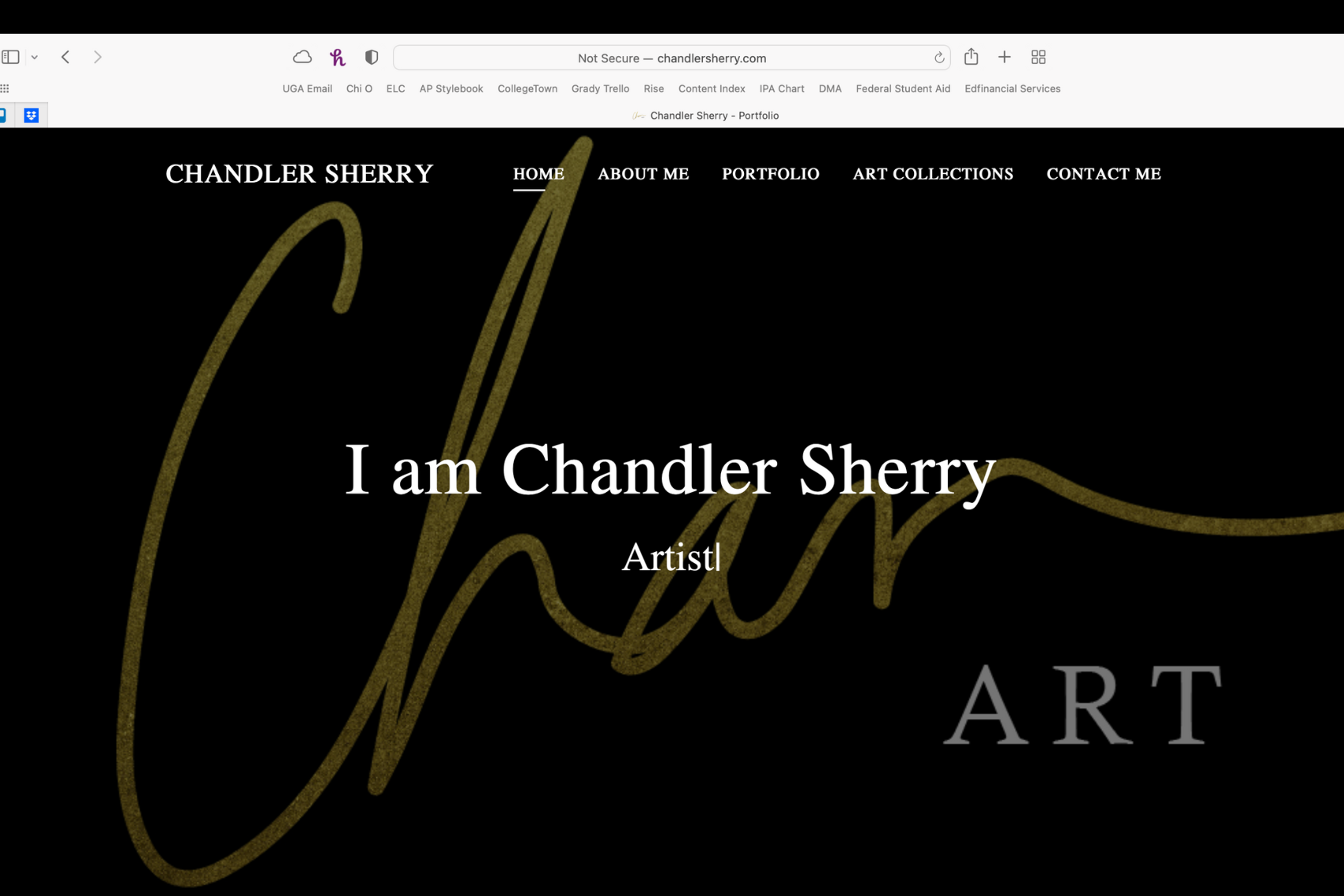 Screenshot of web page with black background and gold text that reads 'Hi! I'm Chandler Sherry'